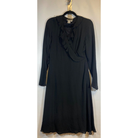Isabella Bird Dresses & Skirts - Isabella Bird Womens Sz 8 Silk Faux Wrap Ruffled V Neck Aline Dress LBD Black D9